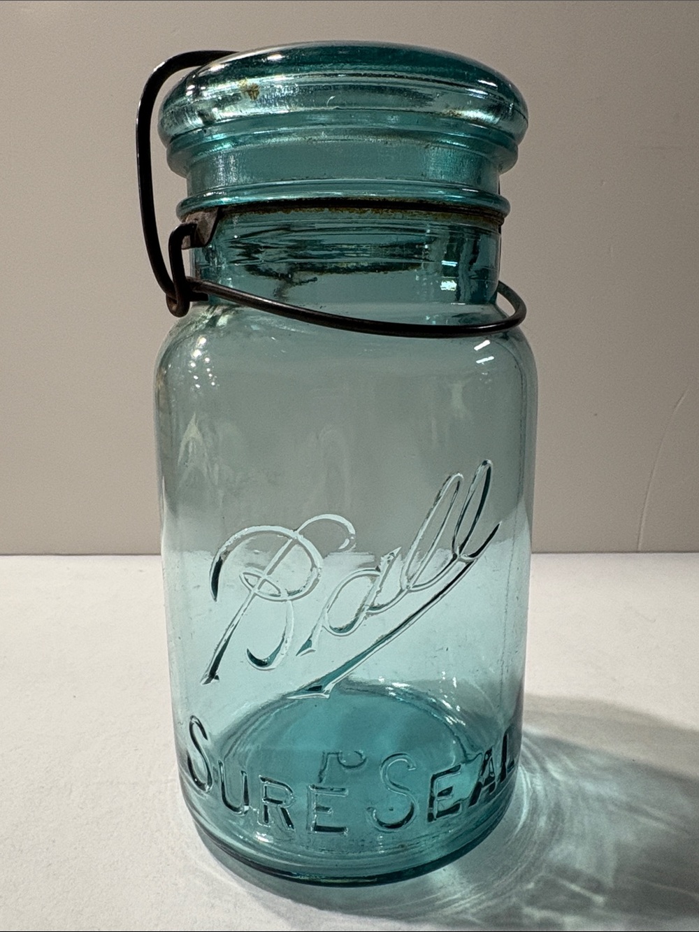 Ball Sure Seal Aqua blue Glass Canning Jar with Wire Bail Lid antique #5